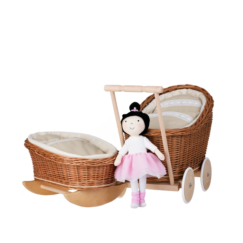 Luna wicker stroller and doll cradle with beige trim, blanket, and pillow TheWickerStories