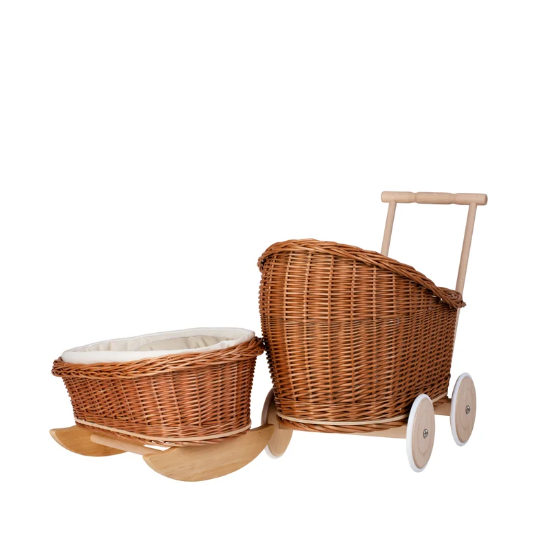 Luna wicker stroller and doll cradle with beige trim, blanket, and pillow TheWickerStories