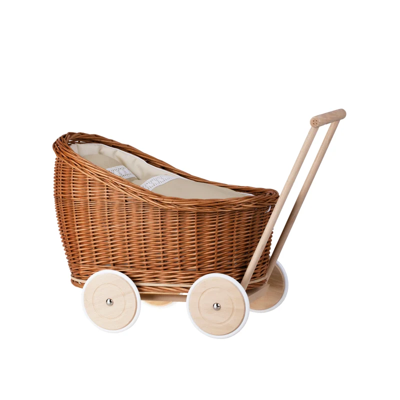 Luna wicker stroller and doll cradle with beige trim, blanket, and pillow TheWickerStories