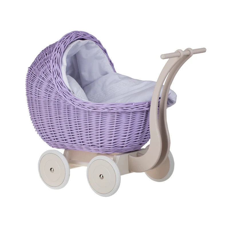 Lili wicker doll stroller with white trim, blanket, and pillow TheWickerStories