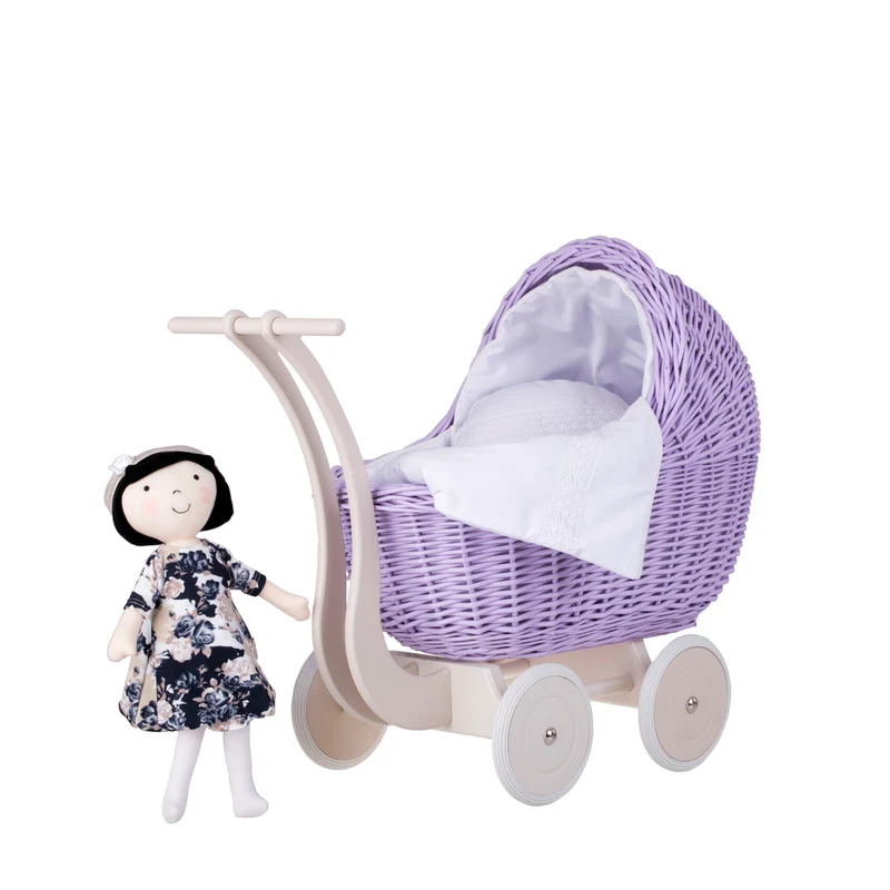 Lili wicker doll stroller with white trim, blanket, and pillow TheWickerStories