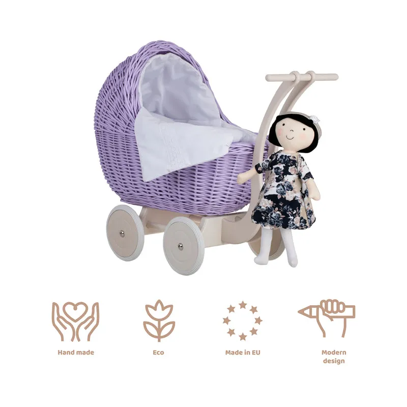 Lili wicker doll stroller with white trim, blanket, and pillow TheWickerStories