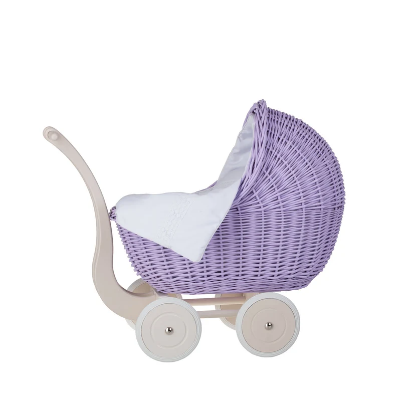 Lili wicker doll stroller with white trim, blanket, and pillow TheWickerStories