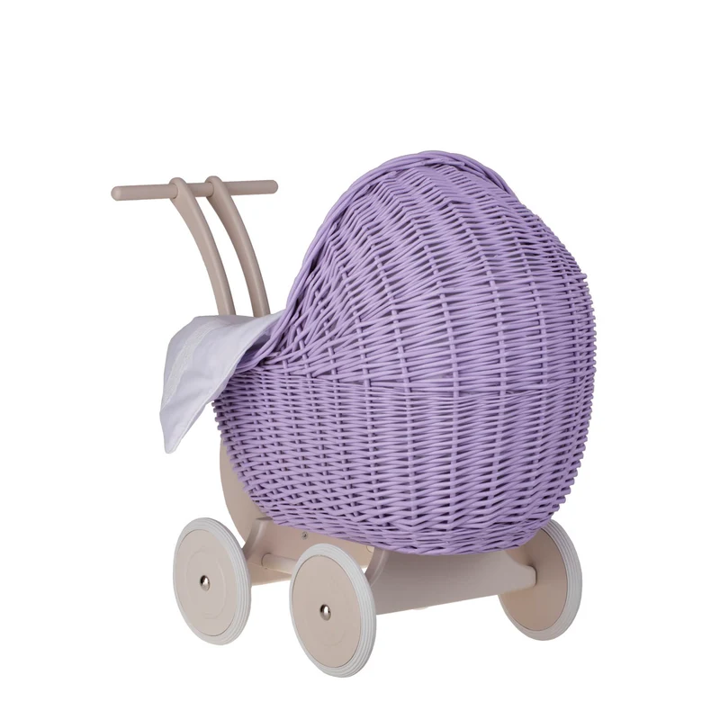 Lili wicker doll stroller with white trim, blanket, and pillow TheWickerStories