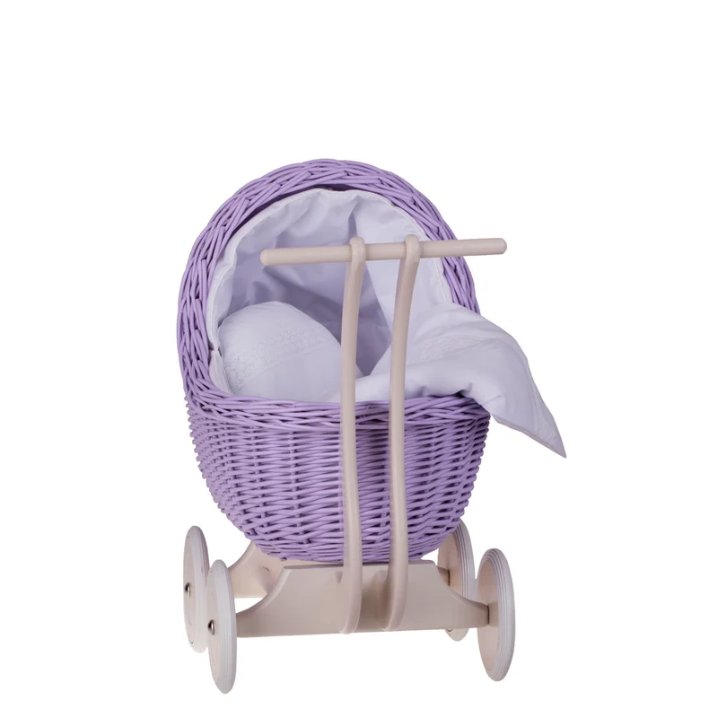 Lili wicker doll stroller with white trim, blanket, and pillow TheWickerStories