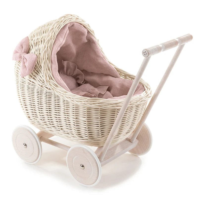 Desayer wicker doll stroller with pink trim, blanket, and pillow TheWickerStories