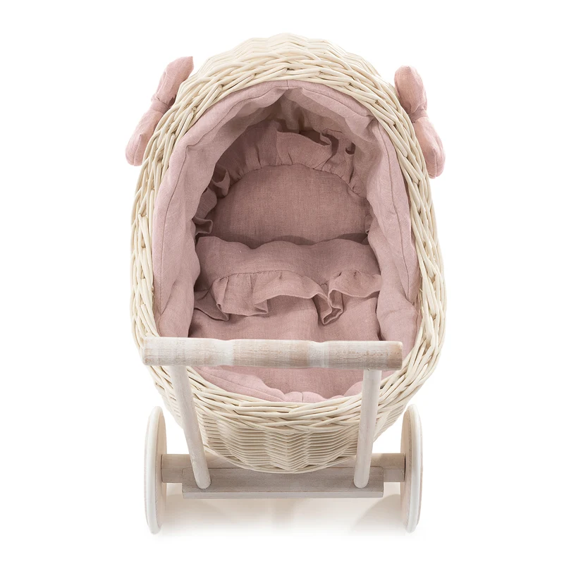 Desayer wicker doll stroller with pink trim, blanket, and pillow TheWickerStories