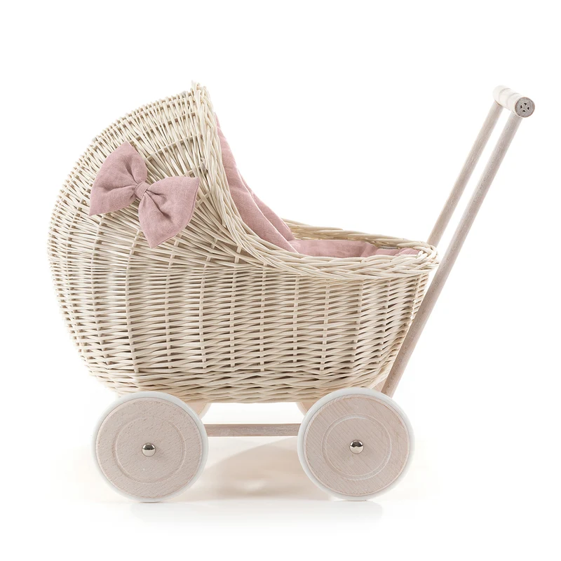 Desayer wicker doll stroller with pink trim, blanket, and pillow TheWickerStories