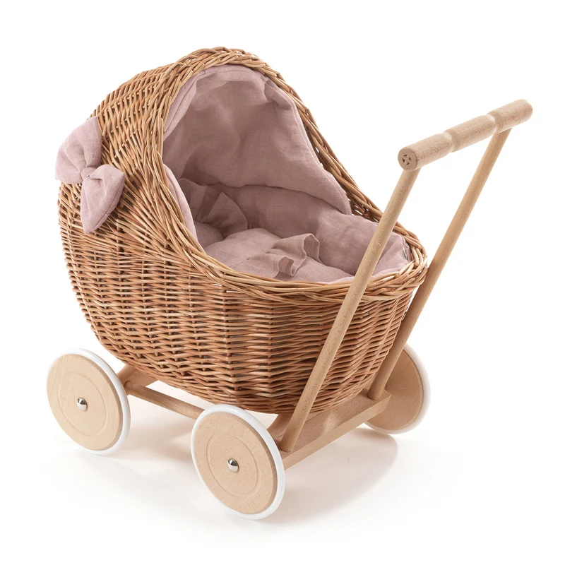Desayer wicker doll stroller with pink trim, blanket, and pillow TheWickerStories