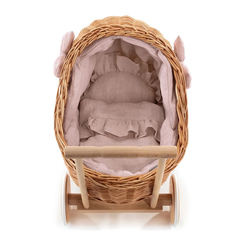 Desayer wicker doll stroller with pink trim, blanket, and pillow TheWickerStories