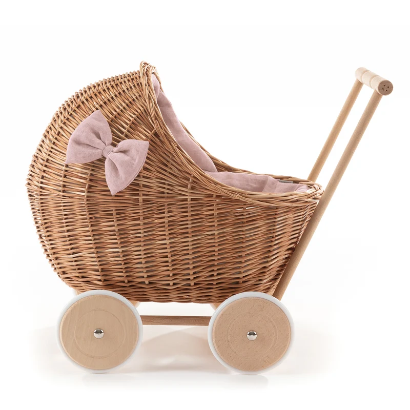 Desayer wicker doll stroller with pink trim, blanket, and pillow TheWickerStories