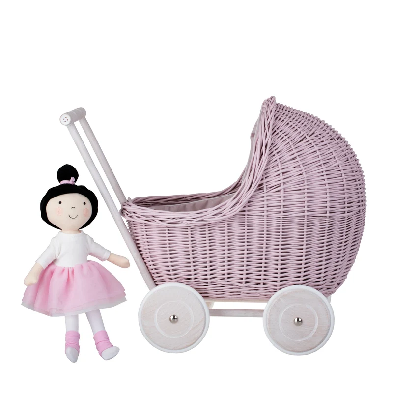 Lili wicker doll pram with pink trim, quilt and pillow TheWickerStories