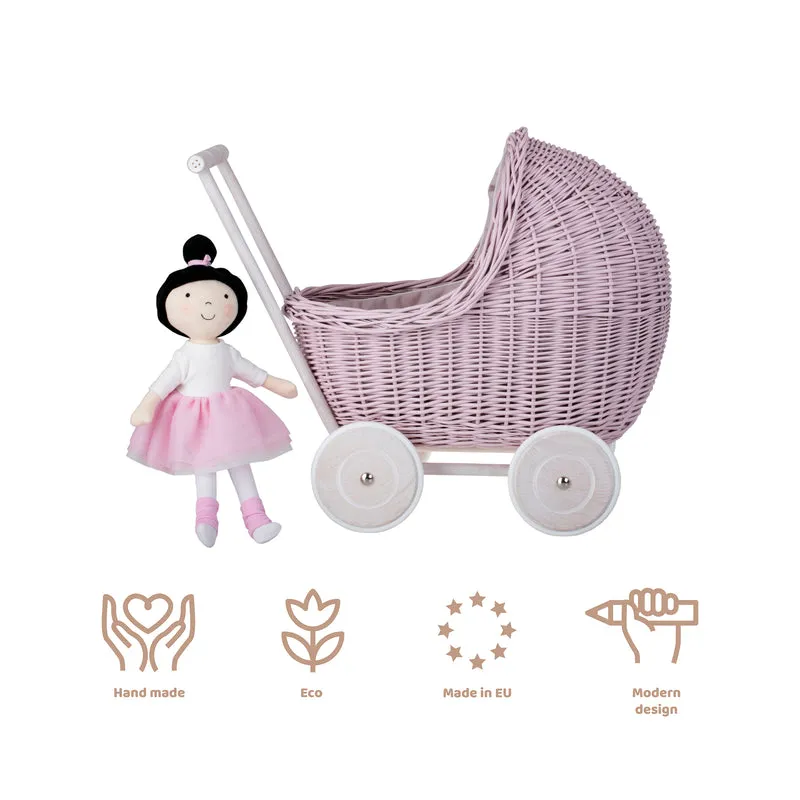 Lili wicker doll pram with pink trim, quilt and pillow TheWickerStories