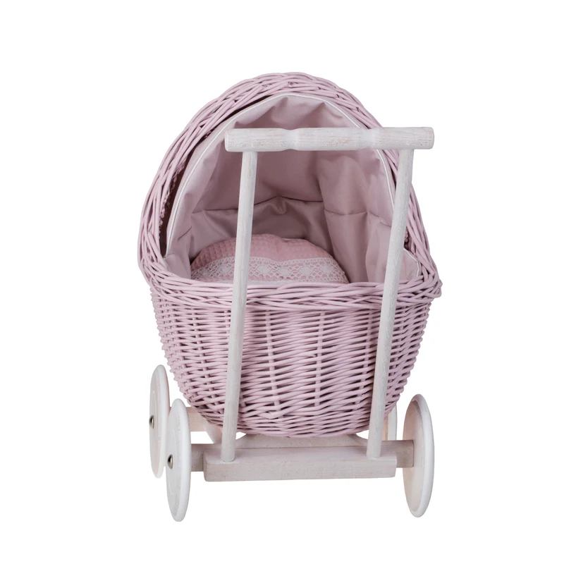 Lili wicker doll pram with pink trim, quilt and pillow TheWickerStories