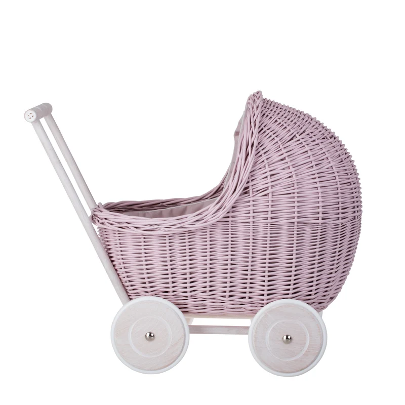Lili wicker doll pram with pink trim, quilt and pillow TheWickerStories