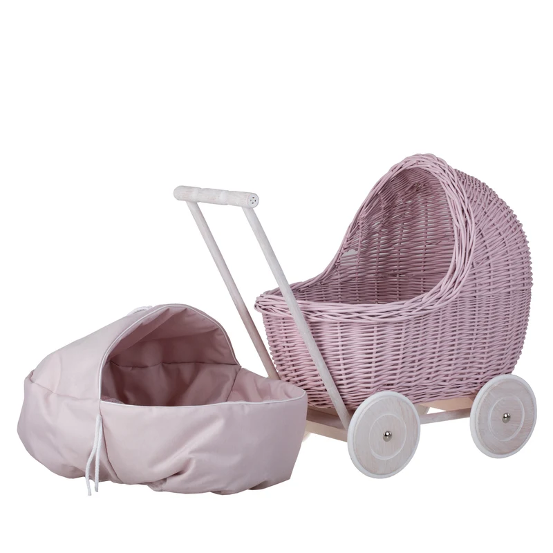 Lili wicker doll pram with pink trim, quilt and pillow TheWickerStories