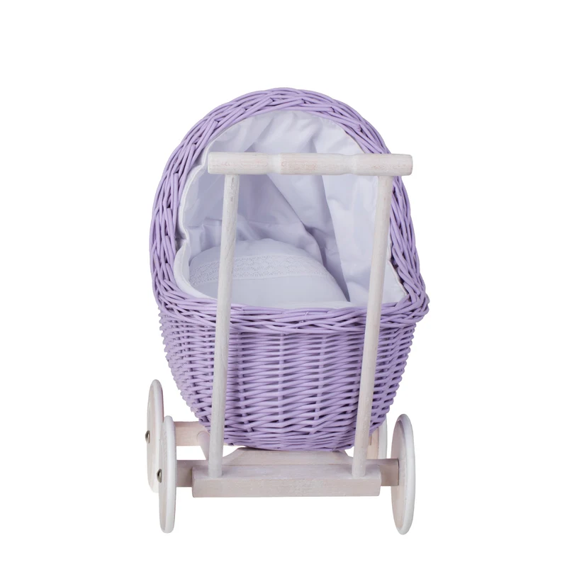 Lili wicker doll stroller with white trim, blanket, and pillow TheWickerStories