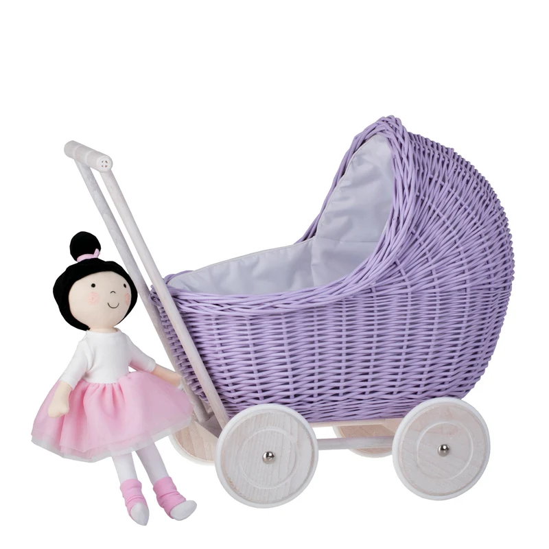Lili wicker doll stroller with white trim, blanket, and pillow TheWickerStories