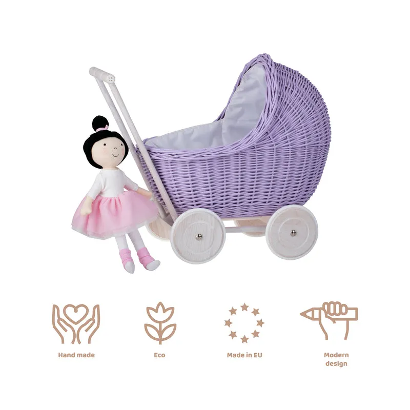 Lili wicker doll stroller with white trim, blanket, and pillow TheWickerStories