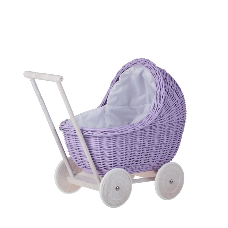 Lili wicker doll stroller with white trim, blanket, and pillow TheWickerStories