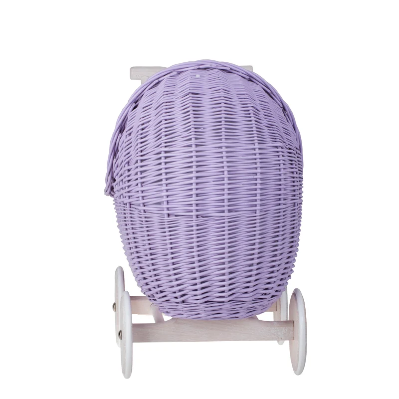 Lili wicker doll stroller with white trim, blanket, and pillow TheWickerStories