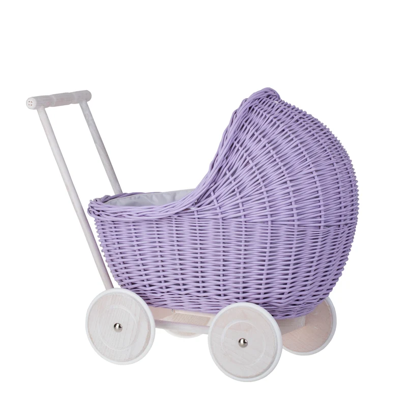 Lili wicker doll stroller with white trim, blanket, and pillow TheWickerStories
