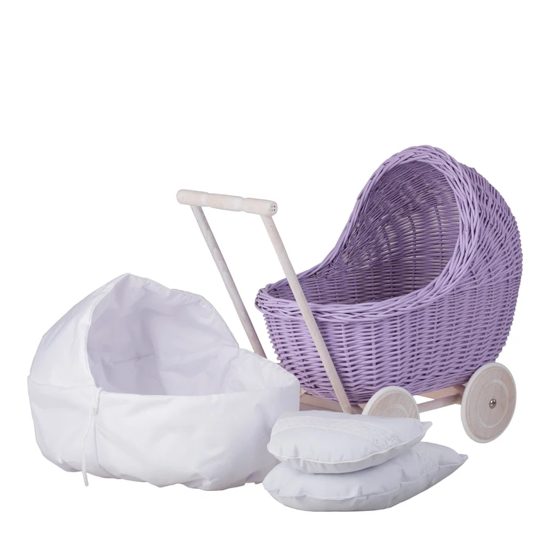 Lili wicker doll stroller with white trim, blanket, and pillow TheWickerStories