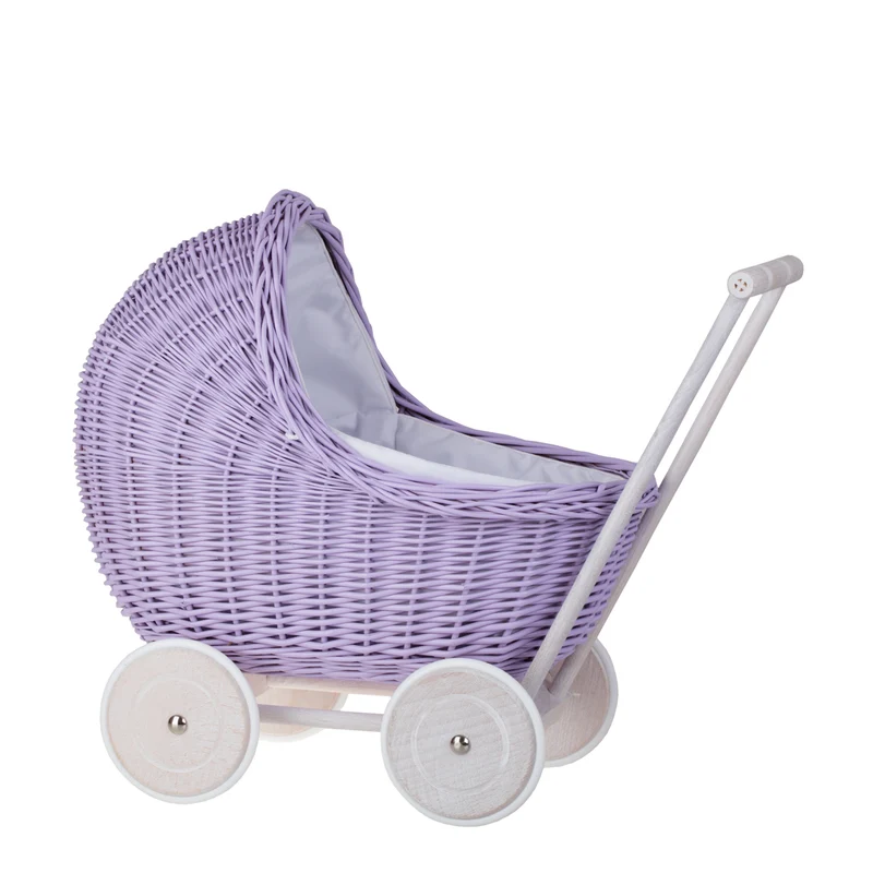 Lili wicker doll stroller with white trim, blanket, and pillow TheWickerStories