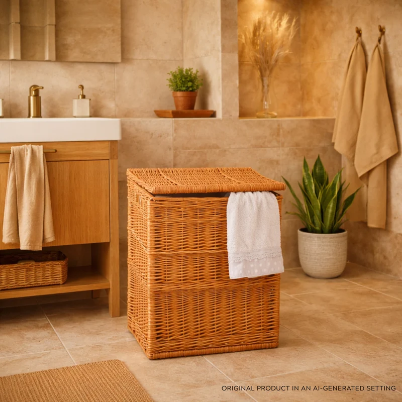 Ardea wicker laundry basket, storage container, bathroom basket with lid and lining TheWickerStories