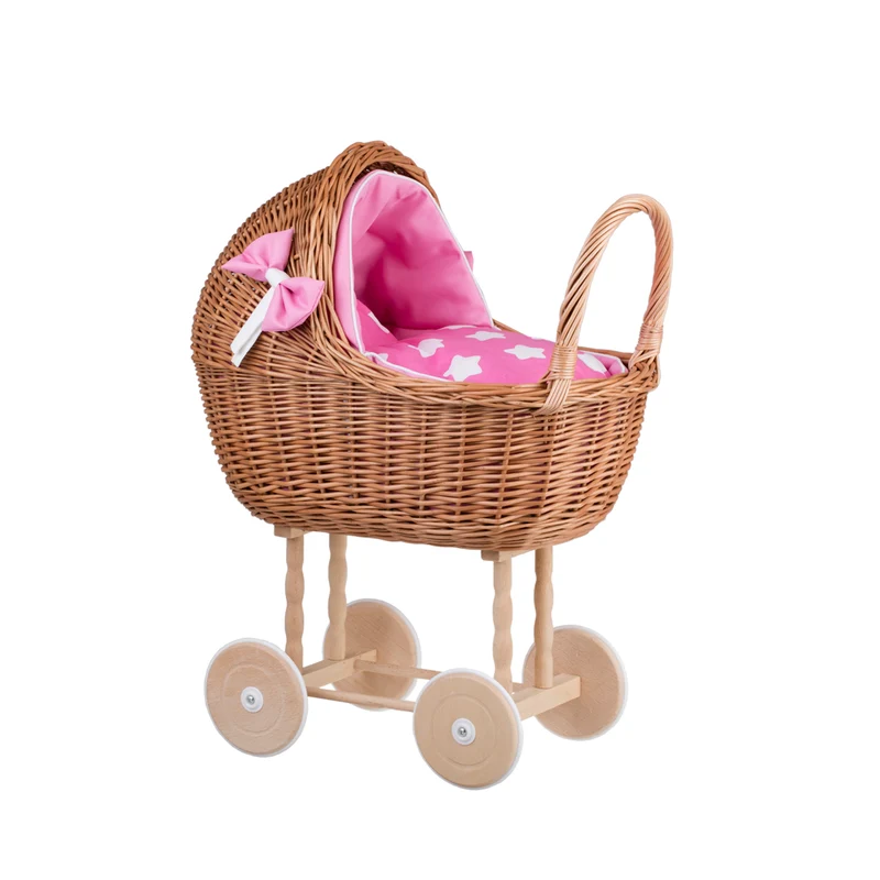 Lena wicker doll stroller with pink trim, blanket, and pillow TheWickerStories
