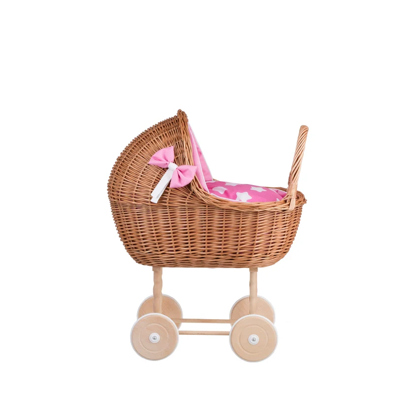 Lena wicker doll stroller with pink trim, blanket, and pillow TheWickerStories