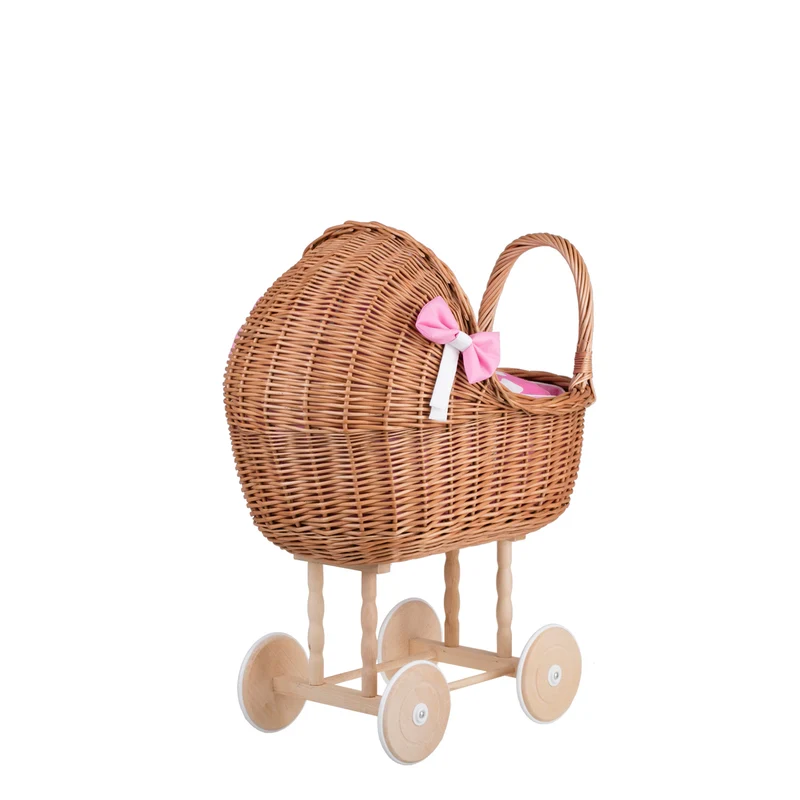 Lena wicker doll stroller with pink trim, blanket, and pillow TheWickerStories