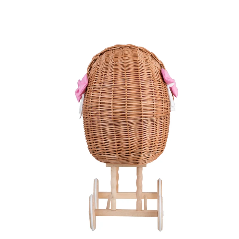Lena wicker doll stroller with pink trim, blanket, and pillow TheWickerStories