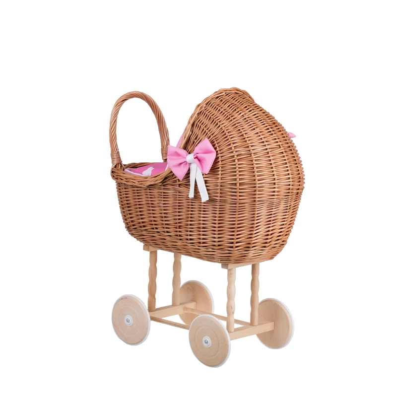 Lena wicker doll stroller with pink trim, blanket, and pillow TheWickerStories