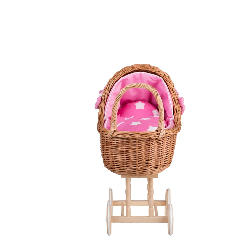 Lena wicker doll stroller with pink trim, blanket, and pillow TheWickerStories