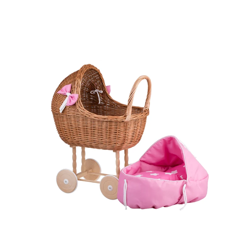 Lena wicker doll stroller with pink trim, blanket, and pillow TheWickerStories
