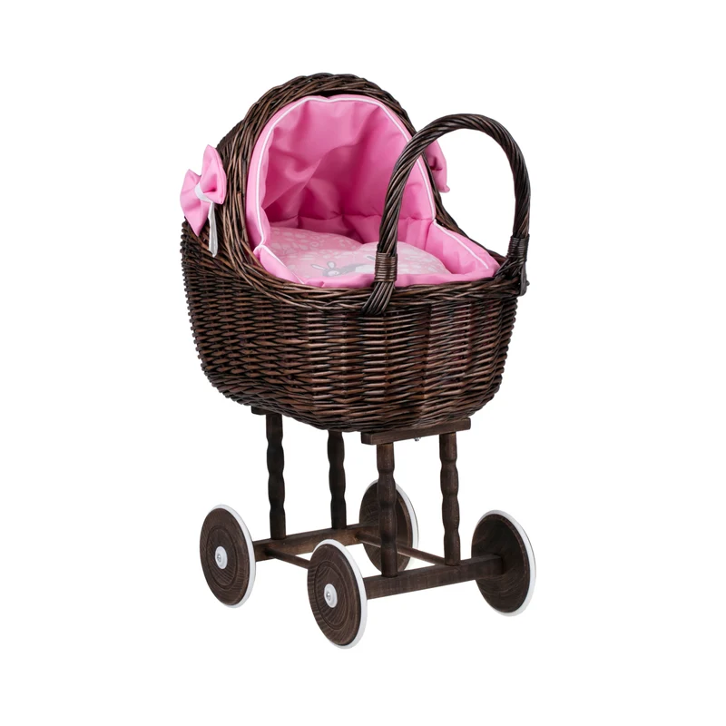 Lena wicker doll stroller with pink trim, blanket, and pillow TheWickerStories