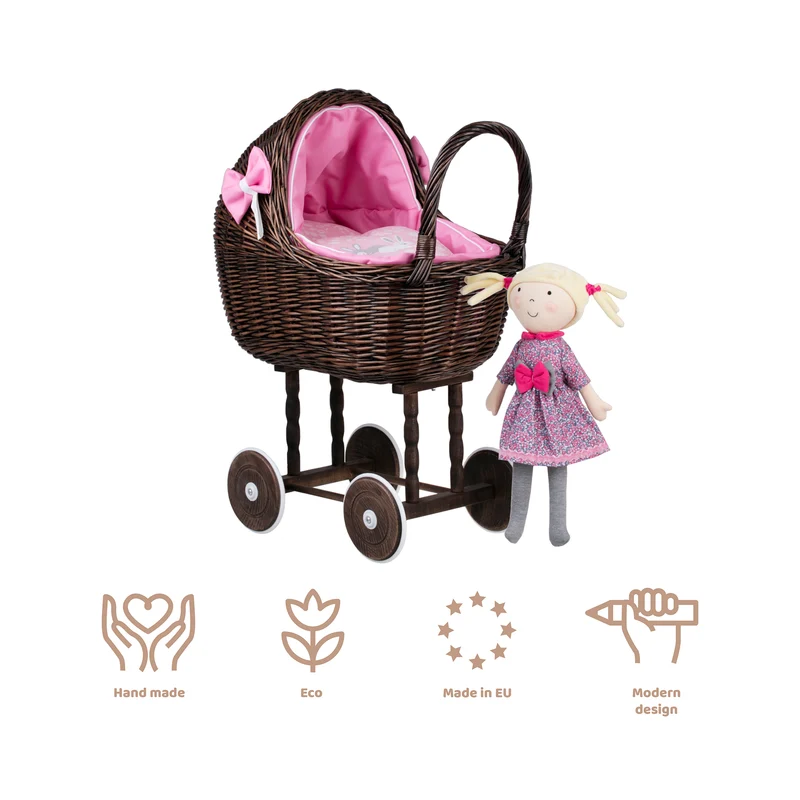 Lena wicker doll stroller with pink trim, blanket, and pillow TheWickerStories