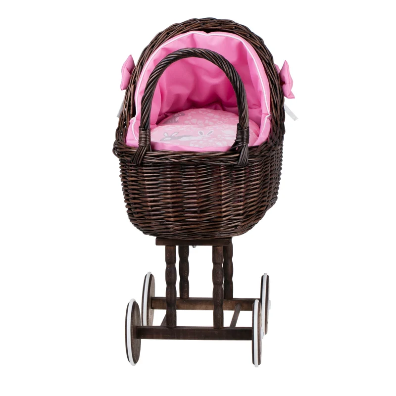 Lena wicker doll stroller with pink trim, blanket, and pillow TheWickerStories