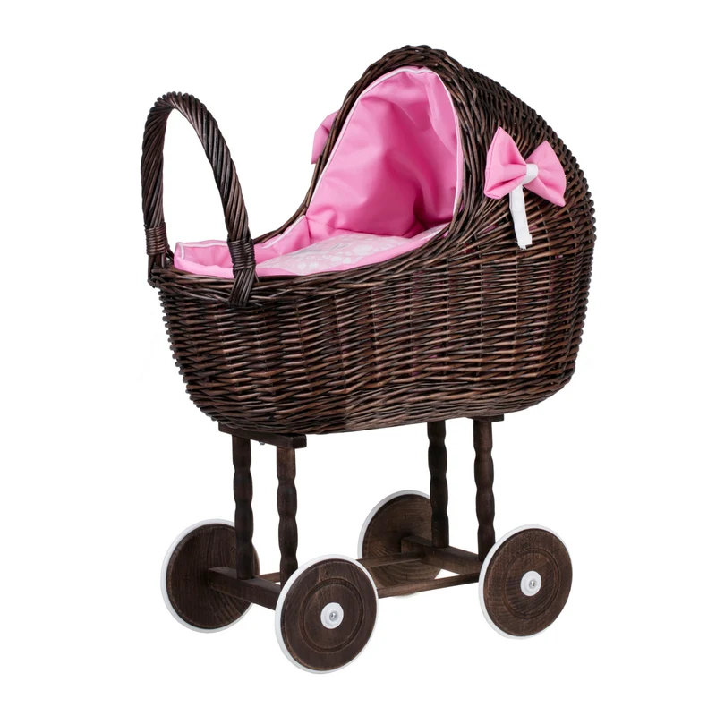 Lena wicker doll stroller with pink trim, blanket, and pillow TheWickerStories
