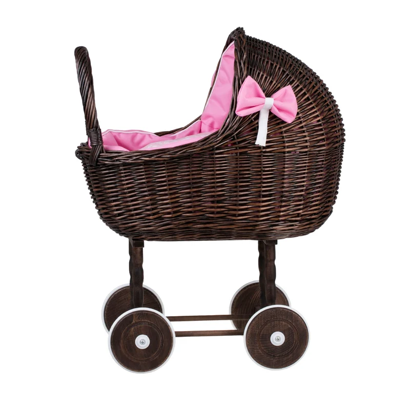Lena wicker doll stroller with pink trim, blanket, and pillow TheWickerStories