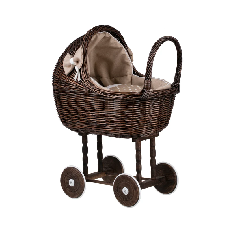 Lena wicker doll stroller with beige trim, blanket, and pillow TheWickerStories