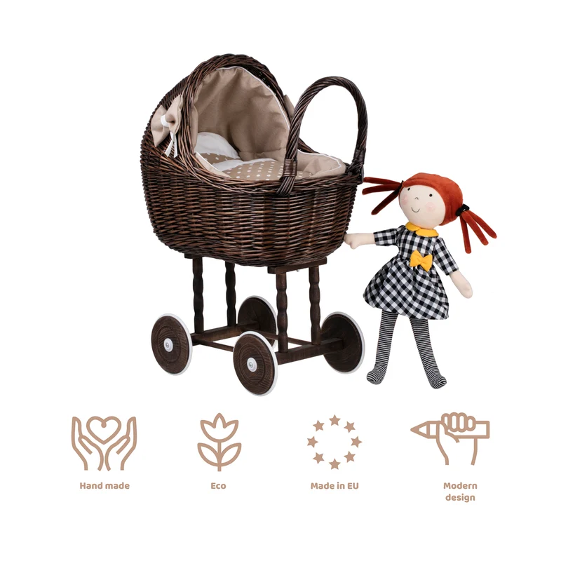 Lena wicker doll stroller with beige trim, blanket, and pillow TheWickerStories