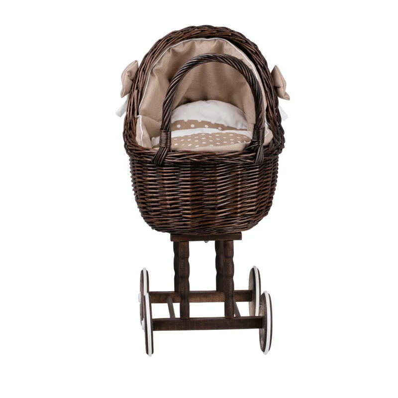 Lena wicker doll stroller with beige trim, blanket, and pillow TheWickerStories