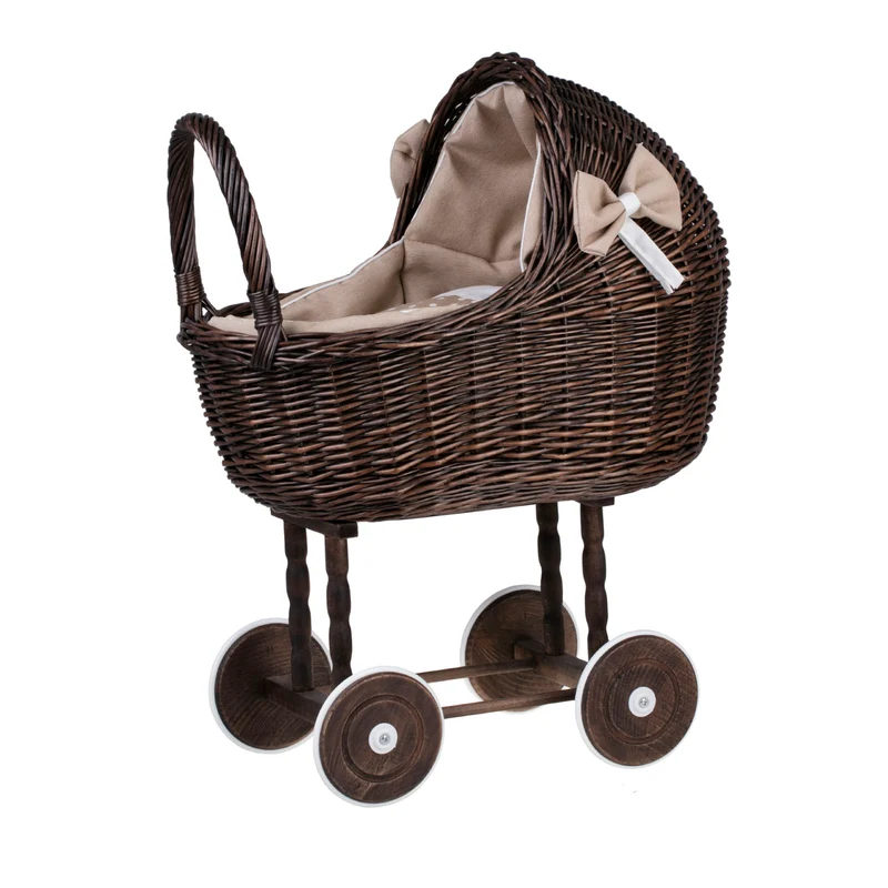 Lena wicker doll stroller with beige trim, blanket, and pillow TheWickerStories