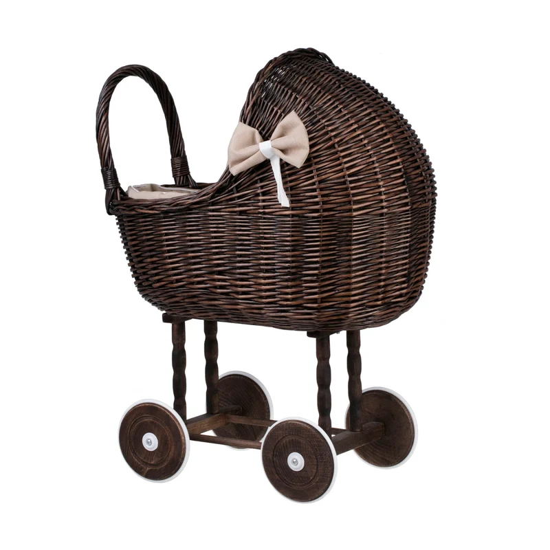 Lena wicker doll stroller with beige trim, blanket, and pillow TheWickerStories