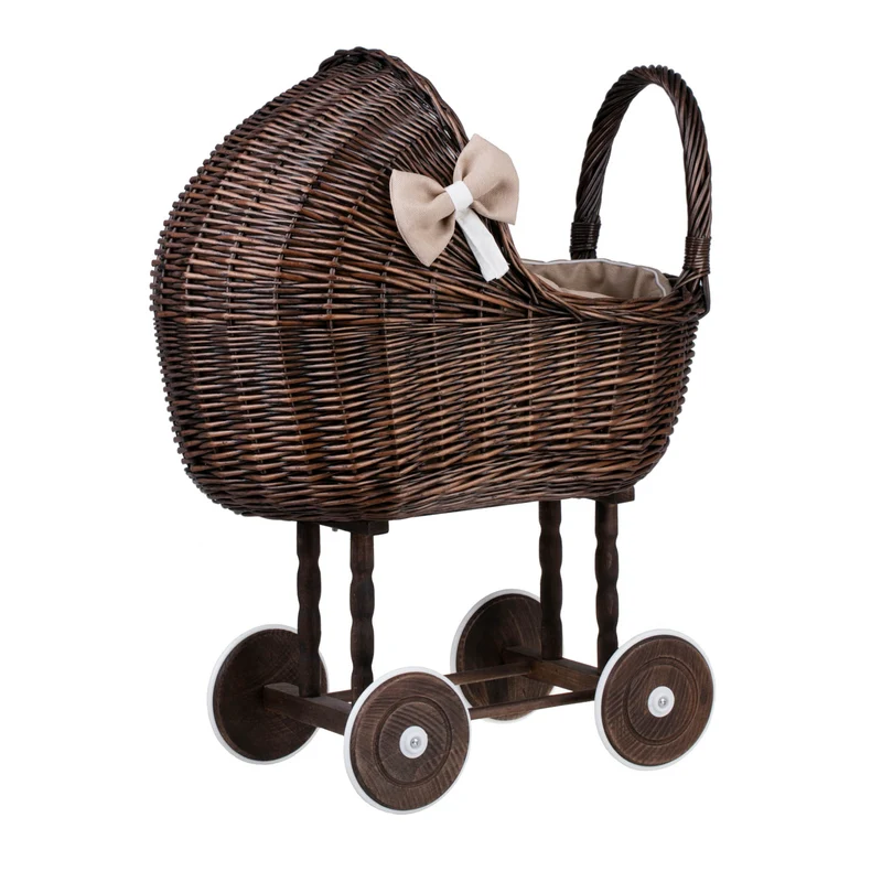 Lena wicker doll stroller with beige trim, blanket, and pillow TheWickerStories