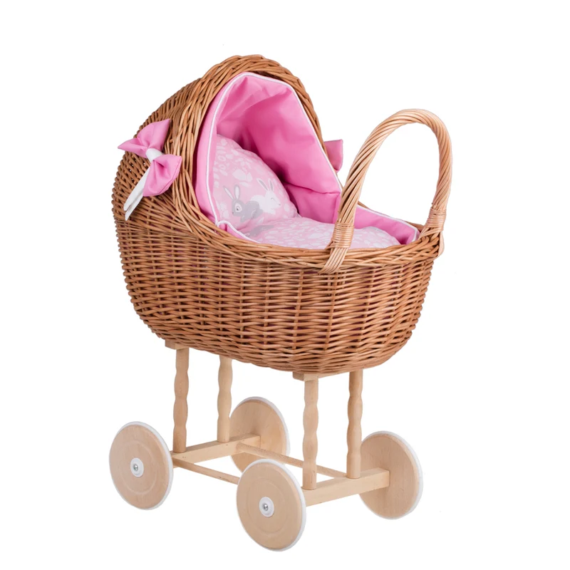 Lena wicker doll stroller with pink trim, blanket, and pillow TheWickerStories