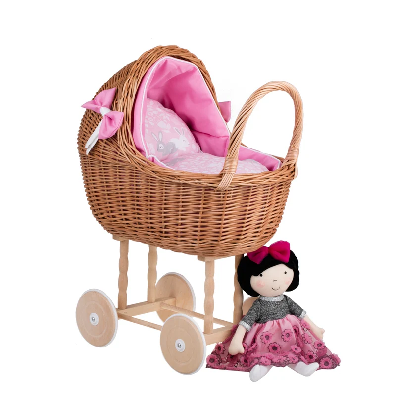 Lena wicker doll stroller with pink trim, blanket, and pillow TheWickerStories