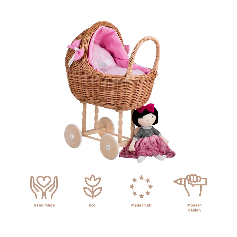Lena wicker doll stroller with pink trim, blanket, and pillow TheWickerStories